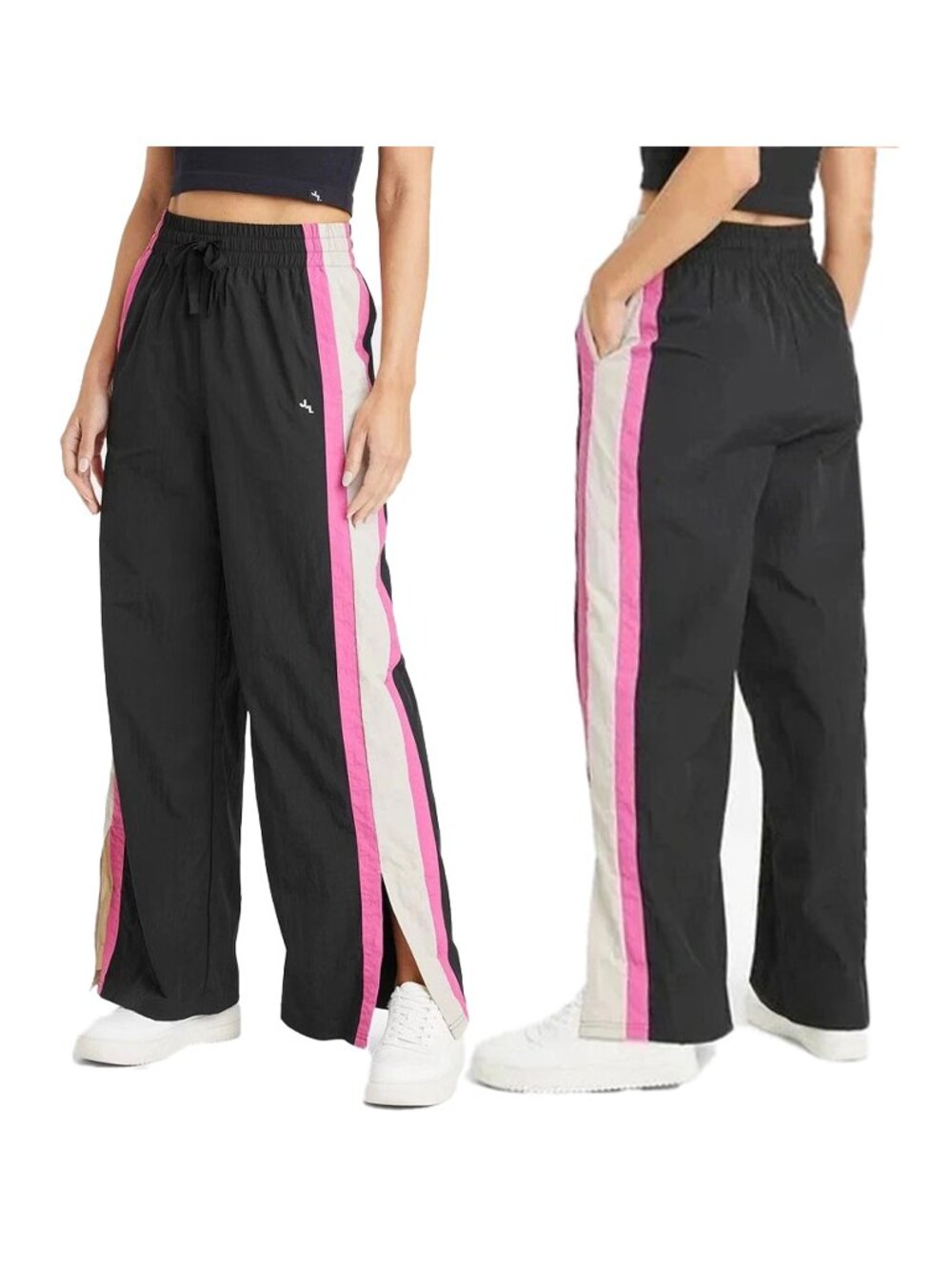 JoyLab Pants Womens Size M Black Stripe Wide Leg Wind Breaker Elastic Waist